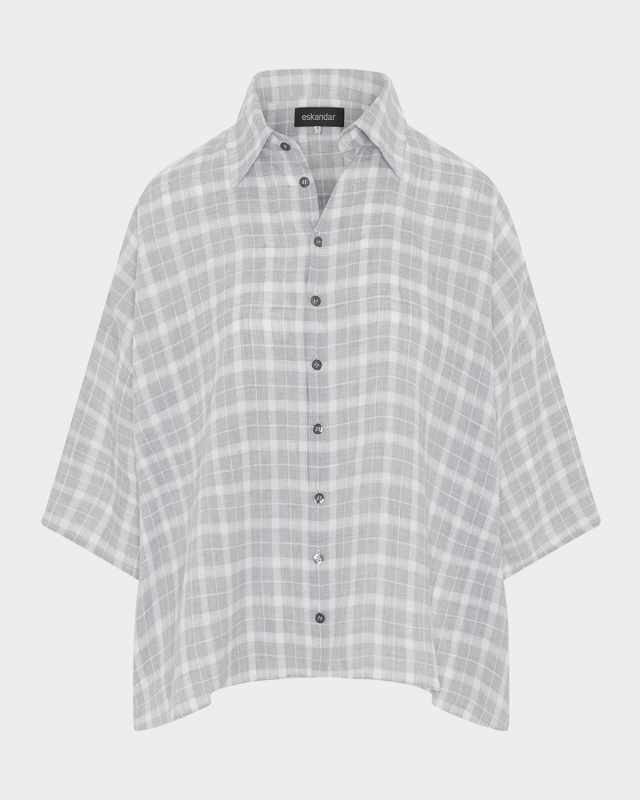 Sloped-Shoulder Wide A-Line Short-Sleeve Shirt With Collar (Mid Length)